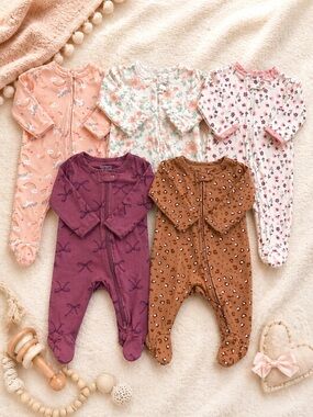5PC 0-3 Month Baby Girl Footed Sleeper Bundle Carter’s Little Me Floral Pink NWT